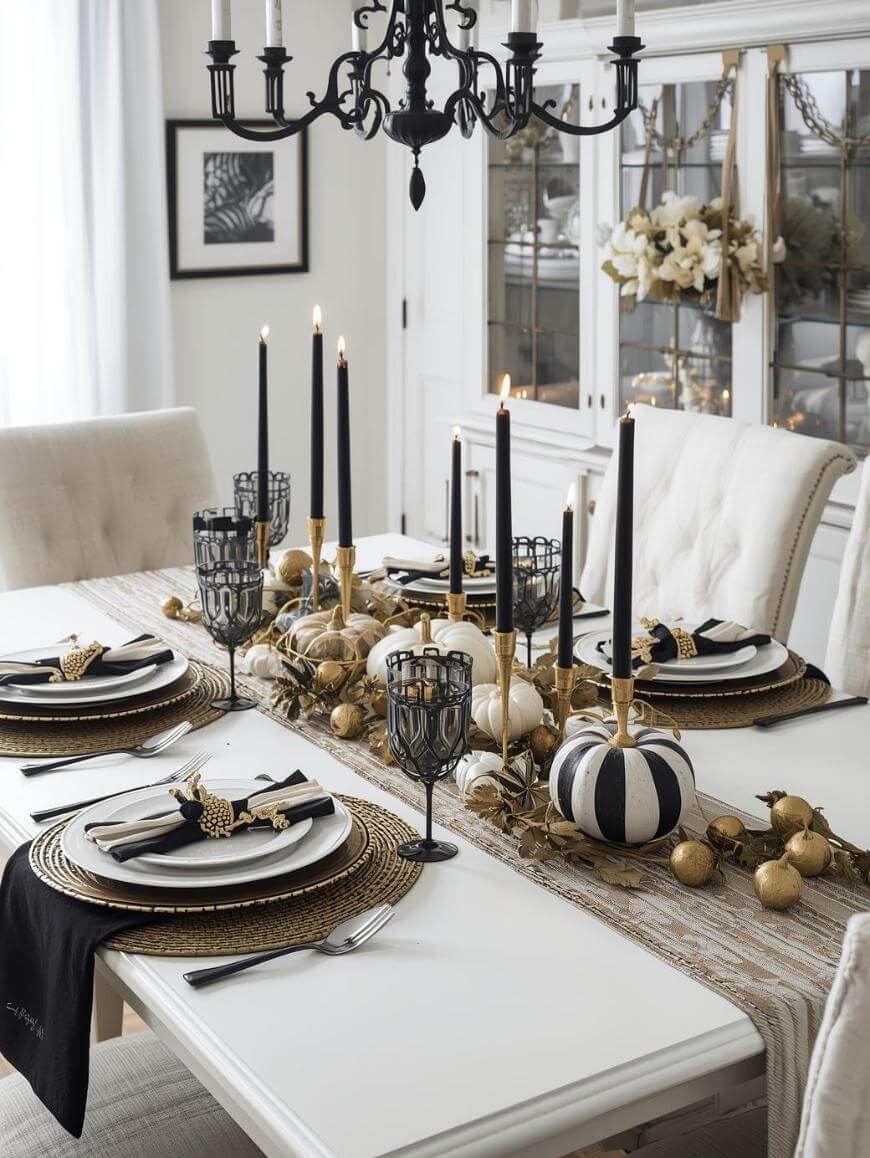 Elegant dining table set for a meal, featuring black and white striped pumpkins, gold accents, black candles, and black napkins on white plates. A chandelier hangs above and a glass cabinet is in the background.
