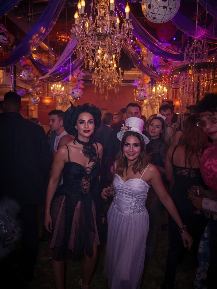 A lively costume party with chandeliers and purple drapes. Two women pose in the foreground—one in a black and pink dress with a headpiece, the other in a white dress and top hat. Partygoers and festive decorations fill the background.