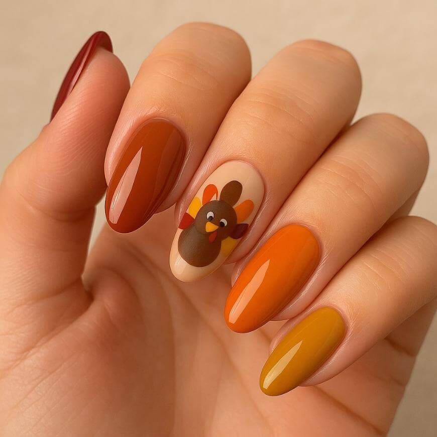 A hand with long, almond-shaped nails painted in autumn colors; one nail features a cute cartoon turkey design, while the others are painted in solid red, orange, mustard yellow, and brown.