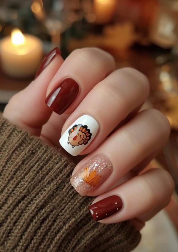 A hand with autumn-themed nail art: deep red nails, a white accent nail with a cartoon turkey design, and a glittery nail with an orange leaf. The person wears a brown sweater; a candle glows softly in the background.
