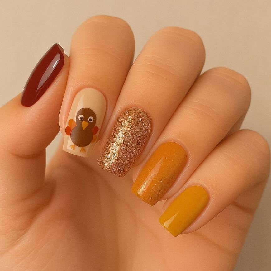 A hand with manicured nails painted in autumn colors: burgundy, beige with a cute turkey design, gold glitter, mustard yellow with shimmer, and solid mustard yellow.