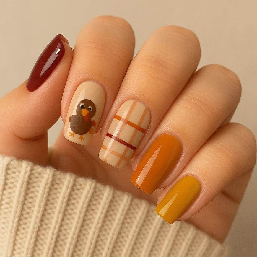 A hand with fall-themed nail art: one nail is dark red, one has a cartoon turkey, one has a plaid design, and two are in orange and mustard yellow shades. The hand is in a cream knit sleeve.