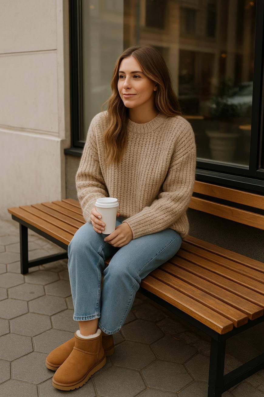 A young woman with long brown hair sits on a wooden bench outside, holding a white takeaway coffee cup. She wears a beige sweater, blue jeans, and tan boots, and looks to the side with a slight smile.