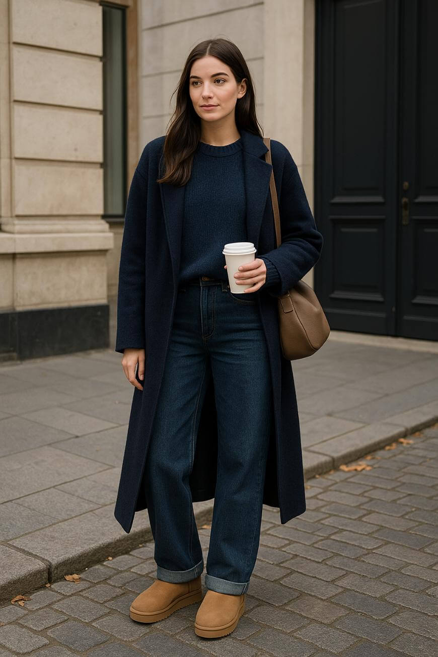 A woman stands on a city sidewalk holding a coffee cup, wearing a long dark coat, navy sweater, wide-leg jeans, tan boots, and a brown shoulder bag. The background features stone buildings and a black door.