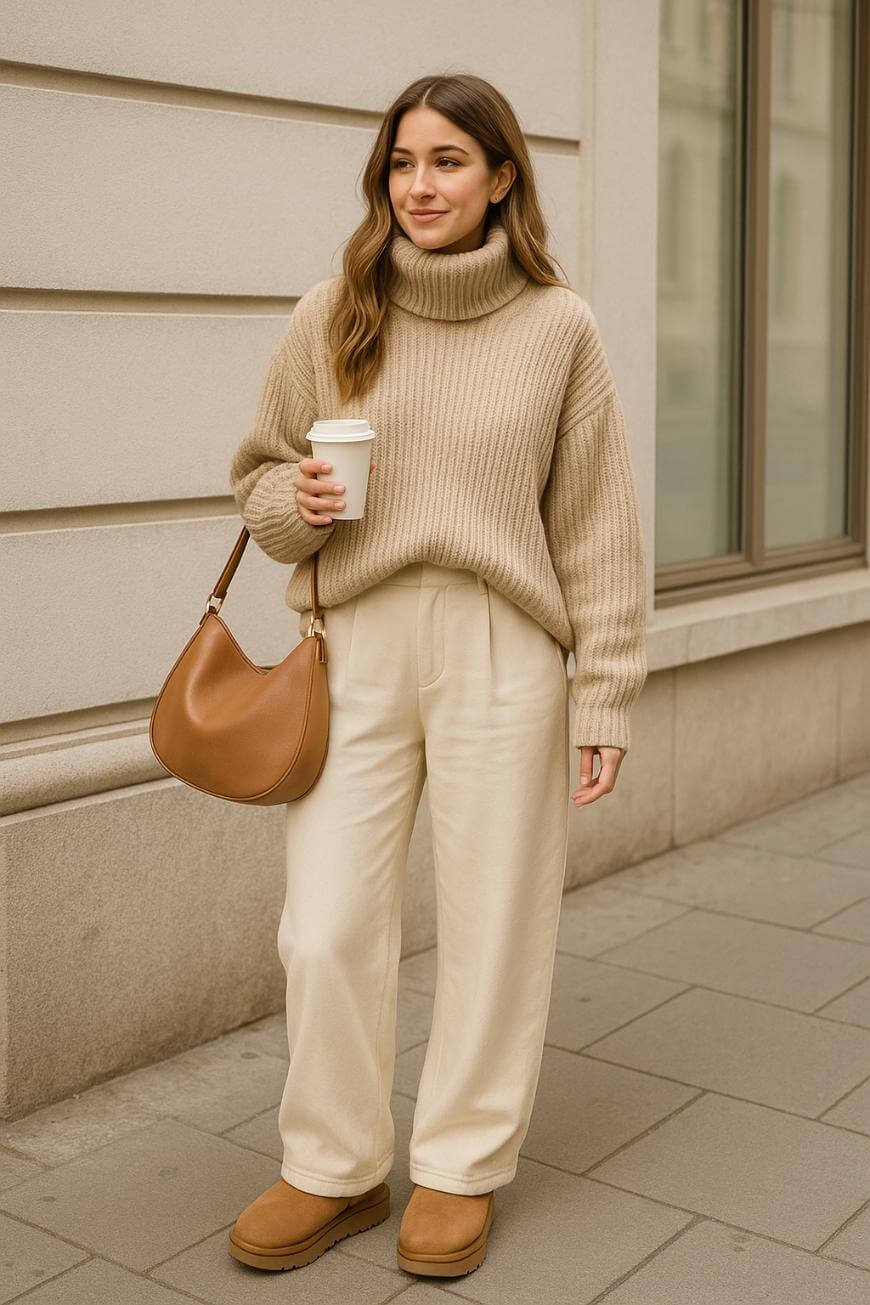 A woman in a beige turtleneck sweater, cream trousers, and tan boots stands on a city sidewalk holding a coffee cup. She has a brown shoulder bag and long, wavy hair, and is smiling slightly.