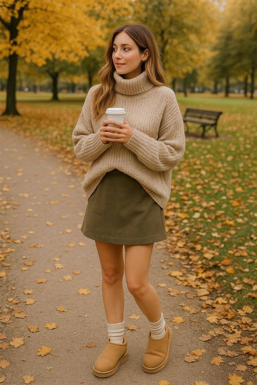 A woman walks on a leaf-covered path in a park during autumn, holding a coffee cup. She wears a beige turtleneck sweater, olive skirt, beige boots, and socks. Trees with yellow leaves and a bench are visible in the background.