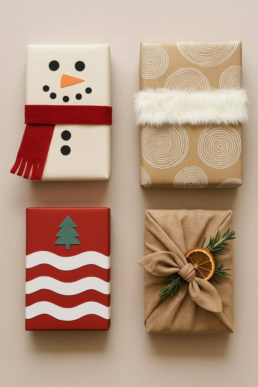 Four wrapped gifts: one decorated as a snowman with a red scarf, one with white swirl patterns and fluffy trim, one red with a tree and wavy lines, and one wrapped in fabric with greenery and a dried orange slice.