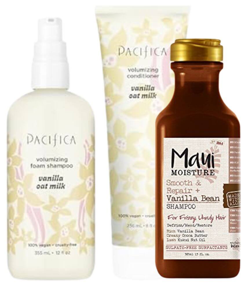 Three hair care products: Pacifica Volumizing Foam Shampoo and Conditioner in white and cream tubes labeled “vanilla oat milk,” and Maui Moisture Vanilla Bean Shampoo in a brown bottle with a tan label.