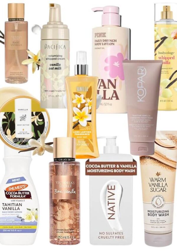 A collage of various vanilla-scented body lotions and washes from different brands, featuring bottles and tubes in beige, white, and gold tones with vanilla imagery and branding on the packaging.