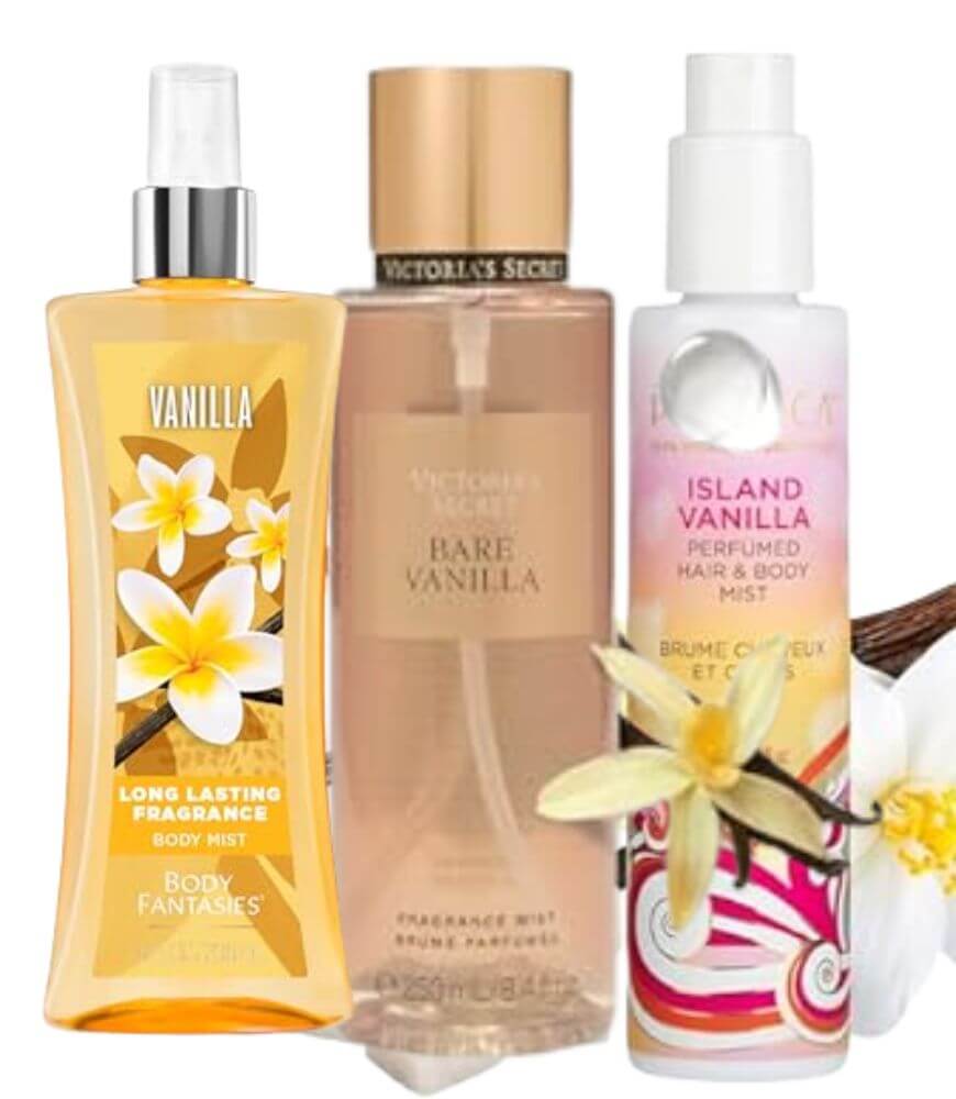 Three vanilla-scented body mists in different bottles are displayed side by side, each with vanilla flower graphics on the labels. The colors are mostly gold, beige, and white. A vanilla flower and pod lie in front.