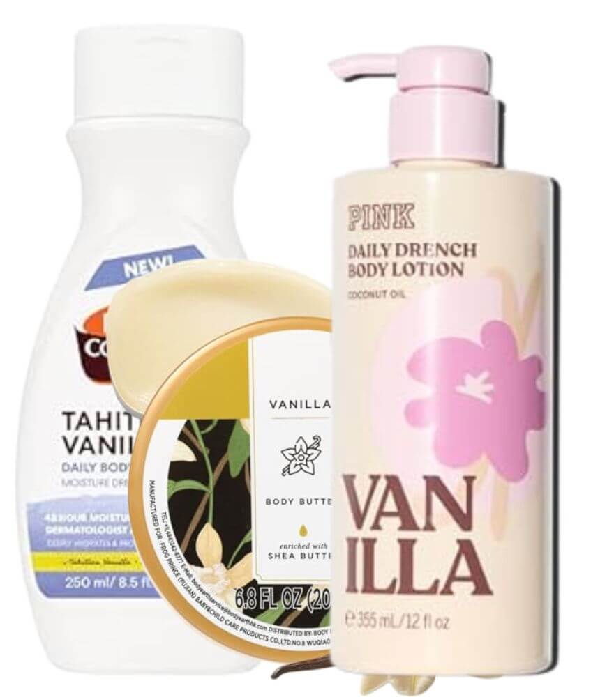 Three vanilla-scented body care products: a bottle of Tahitian Vanilla body lotion, a jar of vanilla-scented body butter, and a pump bottle of PINK Vanilla Daily Drench lotion.