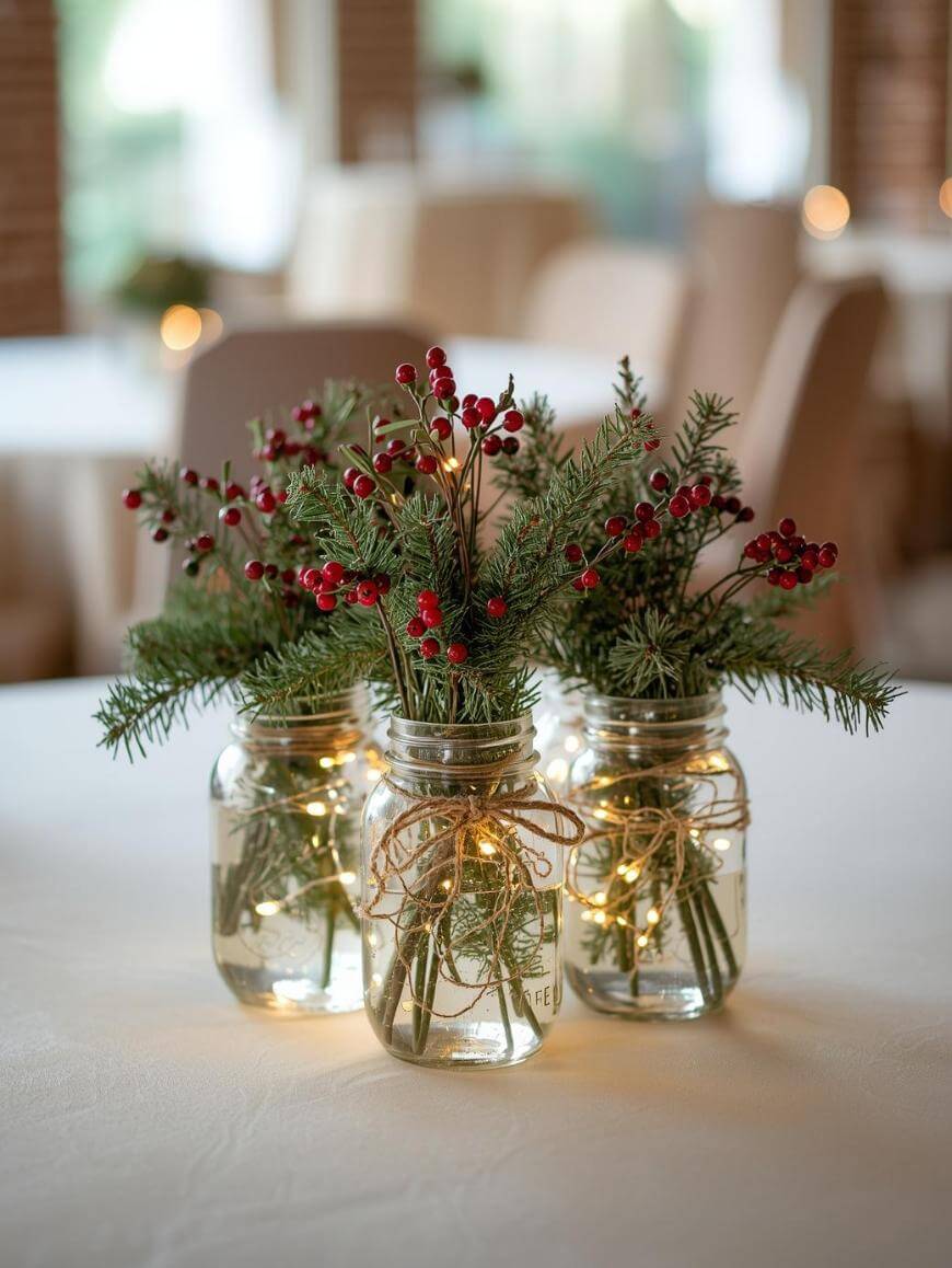 Three mason jars filled with pine branches and red berries, decorated with twine bows and small string lights, sit on a white table, creating a festive and rustic centerpiece.