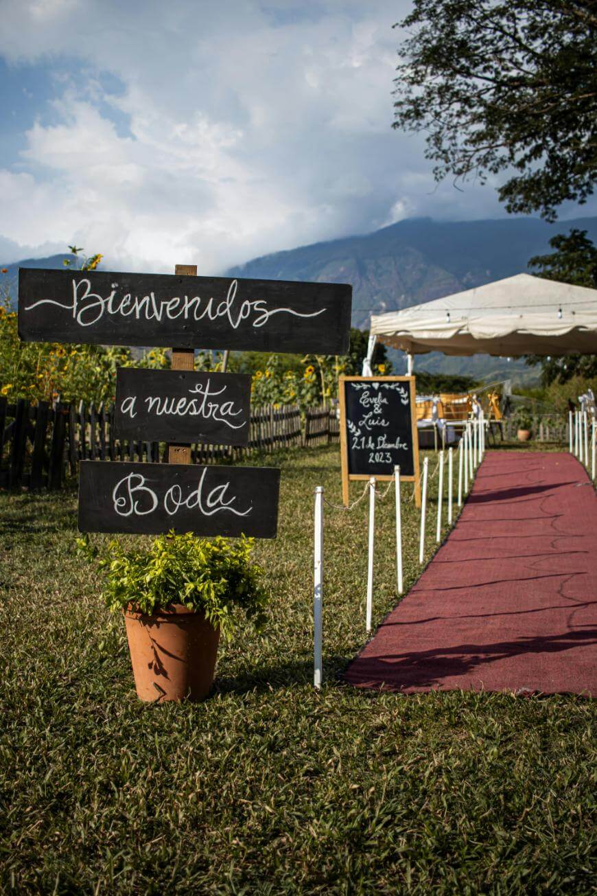 A rustic wedding entrance outdoors with a red carpet, wooden signs in Spanish saying Bienvenidos a nuestra boda, potted plants, a white tent, and mountains in the background under a partly cloudy sky.