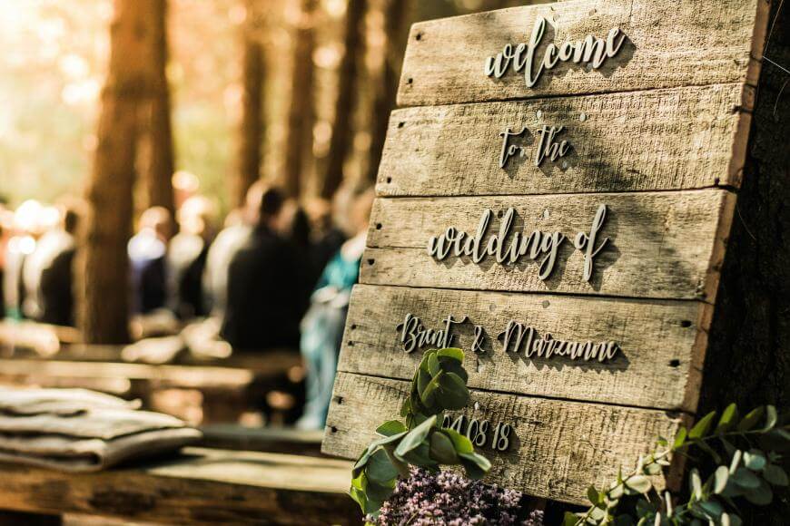 A rustic wooden sign reads Welcome to the wedding of Brent & Marianne with decorative greenery; blurred guests are seated outdoors among trees in the background.