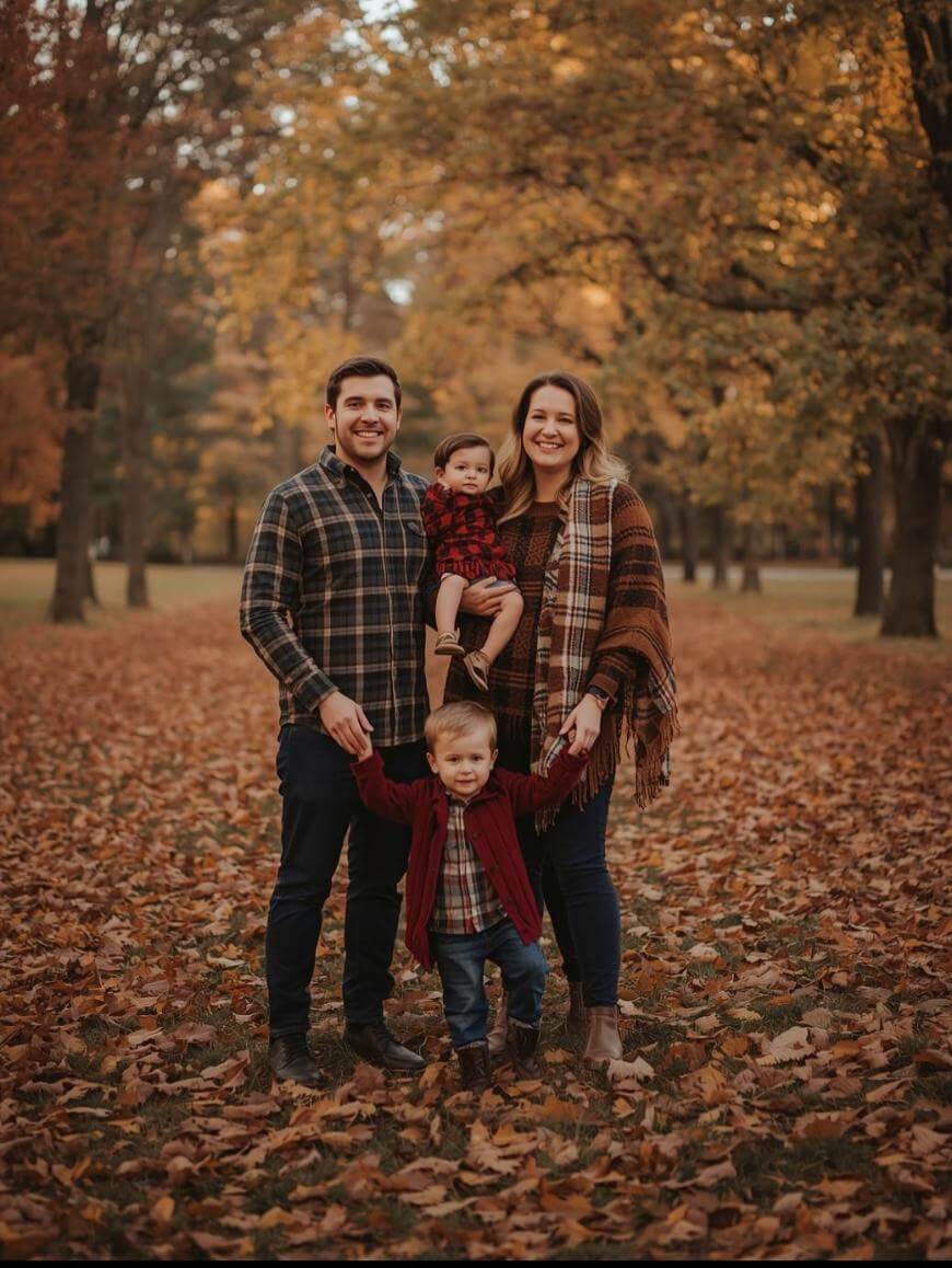 A smiling family of four poses in a park filled with autumn leaves. The parents stand close together, holding a toddler and standing next to a young child, all dressed in fall clothing with trees in the background.