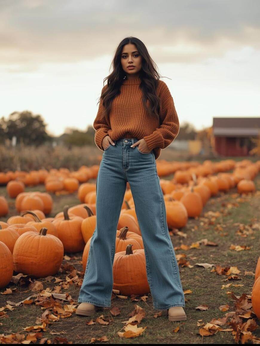 A woman in a brown sweater and blue jeans stands confidently in a pumpkin patch surrounded by pumpkins and autumn leaves, with a barn and trees in the background under a cloudy sky.