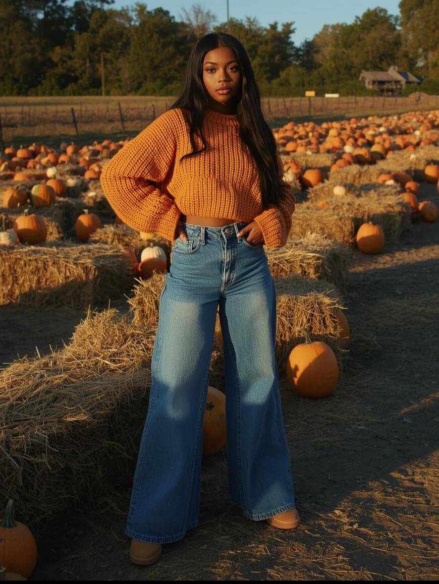 A woman stands in a pumpkin patch wearing a chunky orange sweater and wide-leg blue jeans. Hay bales and pumpkins are scattered around her, and trees are visible in the background under a clear sky.