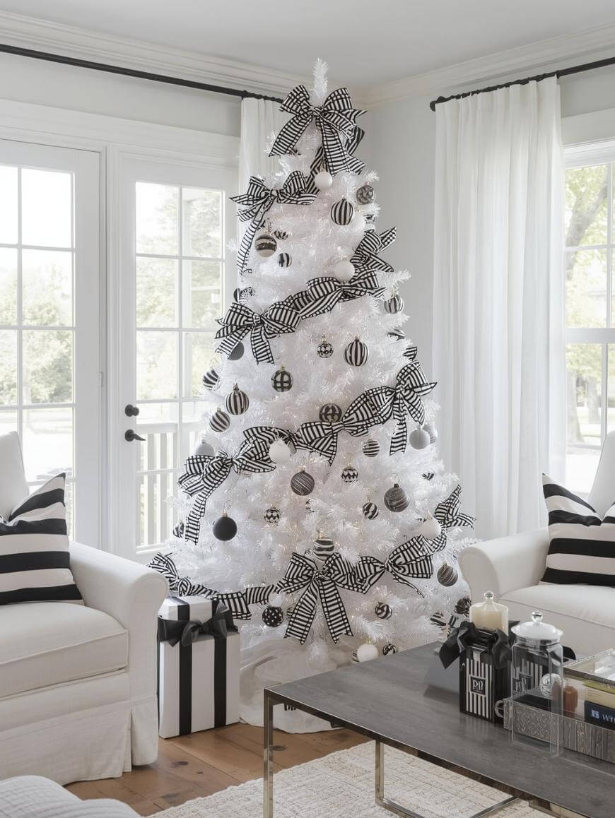 A white Christmas tree decorated with black-and-white striped and checkered ribbons and ornaments stands in a bright living room with white furniture, striped pillows, and wrapped gifts underneath.