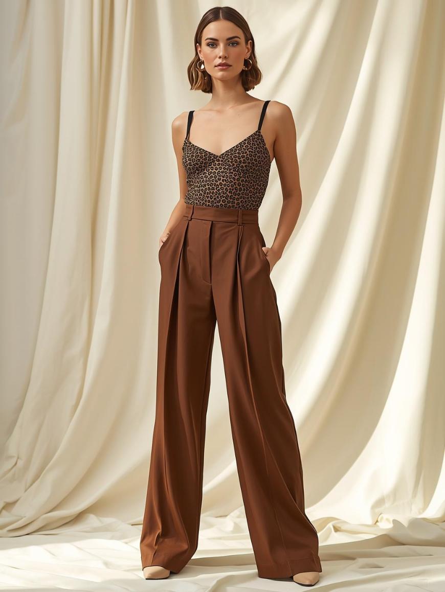 A woman stands in front of beige draped fabric, wearing a leopard-print camisole with thin straps and high-waisted, wide-leg brown trousers. She has short, wavy hair and her hands are in her pockets.