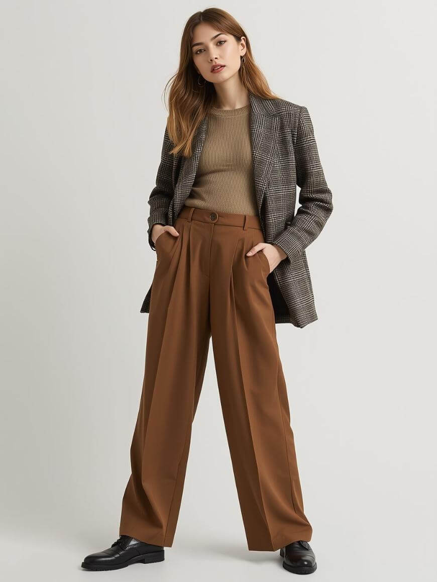 A woman stands against a plain background wearing a checked blazer, a beige ribbed sweater, wide-leg brown trousers, and black shoes, with her hands in her pockets and a confident expression.