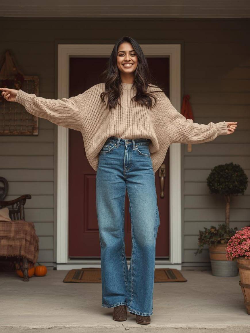 A woman stands smiling with arms outstretched on a porch, wearing a loose beige sweater, high-waisted blue jeans, and brown shoes. The background features a red door, potted plants, and autumn decorations.