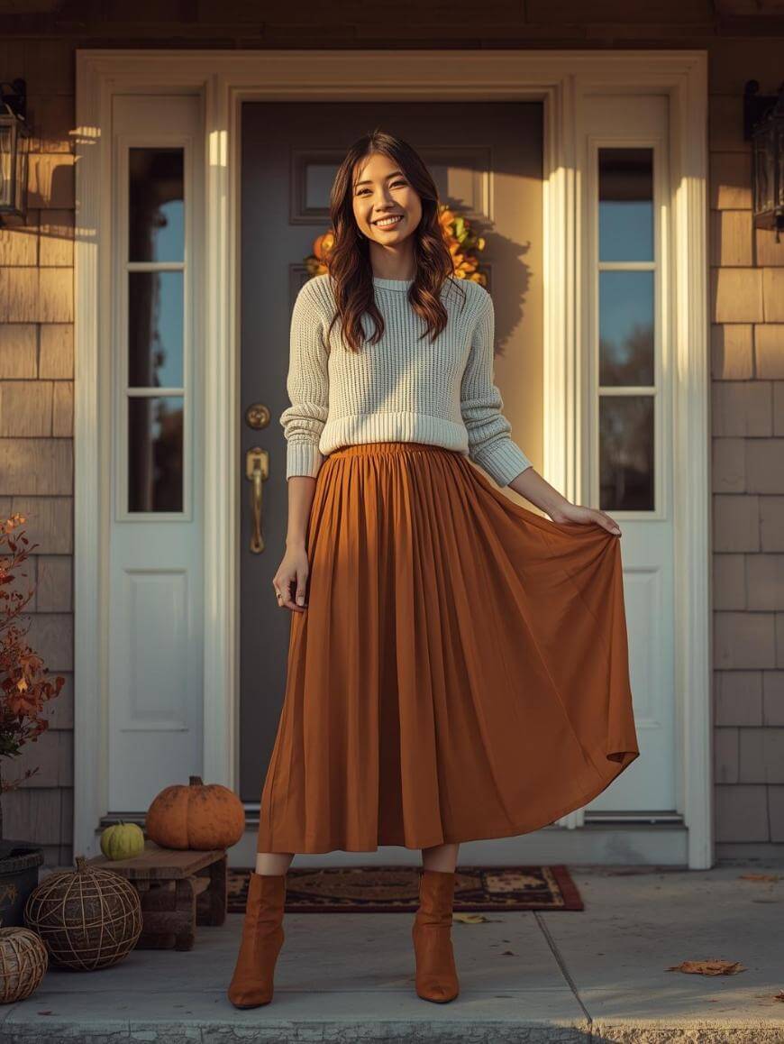 A woman smiles on a porch, wearing a white sweater and a long orange skirt, holding her skirt with one hand. Autumn decorations, including pumpkins, sit beside her. Warm sunlight casts gentle shadows.