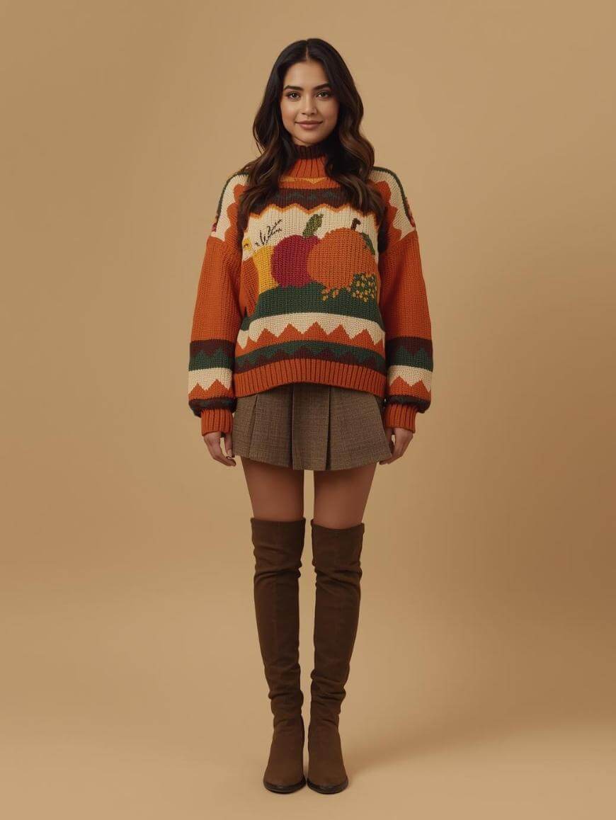 A woman stands against a beige background wearing a colorful, autumn-themed sweater with fruit and leaf designs, a brown pleated skirt, and knee-high brown boots. She has long, wavy dark hair and is smiling slightly.