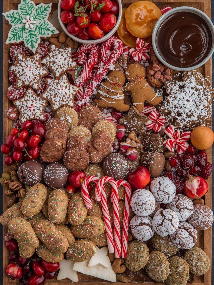 A festive assortment of holiday cookies, candy canes, gingerbread men, nuts, dried fruit, cherries, chocolate dip, and decorative treats arranged on a wooden board.