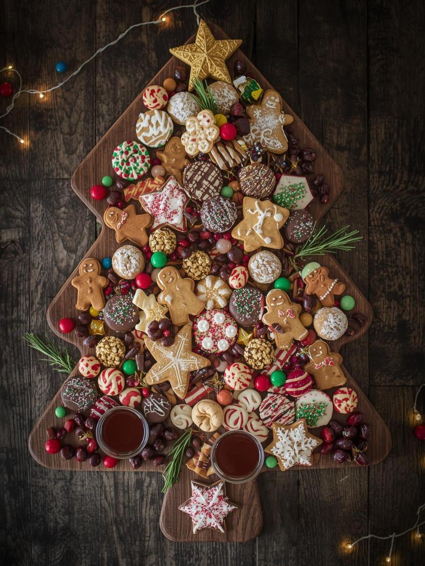 A tree-shaped wooden board holds assorted holiday cookies, candies, gingerbread men, chocolates, sprigs of rosemary, and two glasses of cocoa, all arranged festively on a rustic wooden surface with string lights.
