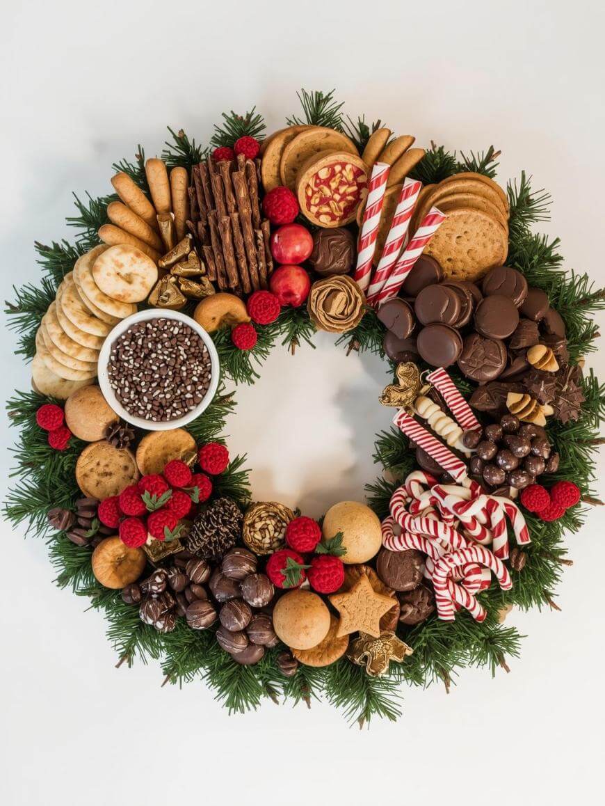 A festive wreath made of pine branches, decorated with assorted cookies, chocolate treats, candy canes, breadsticks, raspberries, and a bowl of chocolate candies, arranged in a circular pattern on a white background.