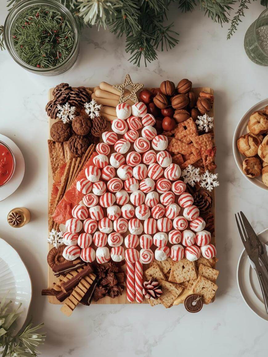A festive charcuterie board features red and white striped candies arranged in a Christmas tree shape, surrounded by crackers, cookies, nuts, chocolates, and holiday decorations. Pine branches frame the scene.