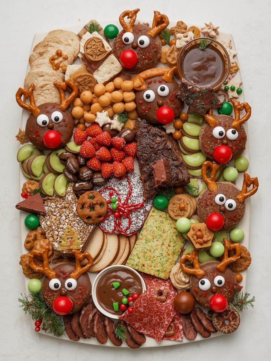 A festive snack board features reindeer-shaped treats with pretzel antlers and candy eyes, surrounded by cookies, fruits, fudge, dips, and holiday-themed sweets, all arranged on a white surface.