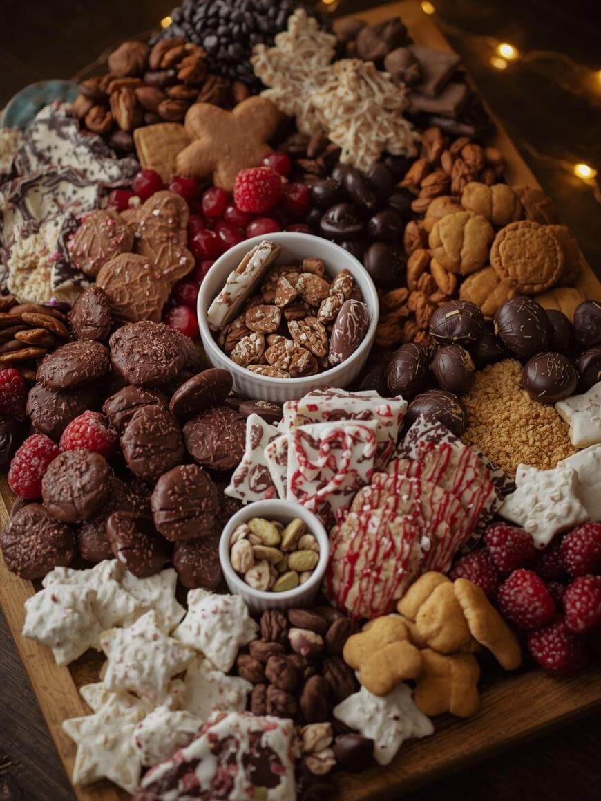 A wooden board filled with assorted holiday treats including cookies, chocolate-covered snacks, nuts, candy bark, fresh raspberries, and festive candies, with string lights glowing softly in the background.