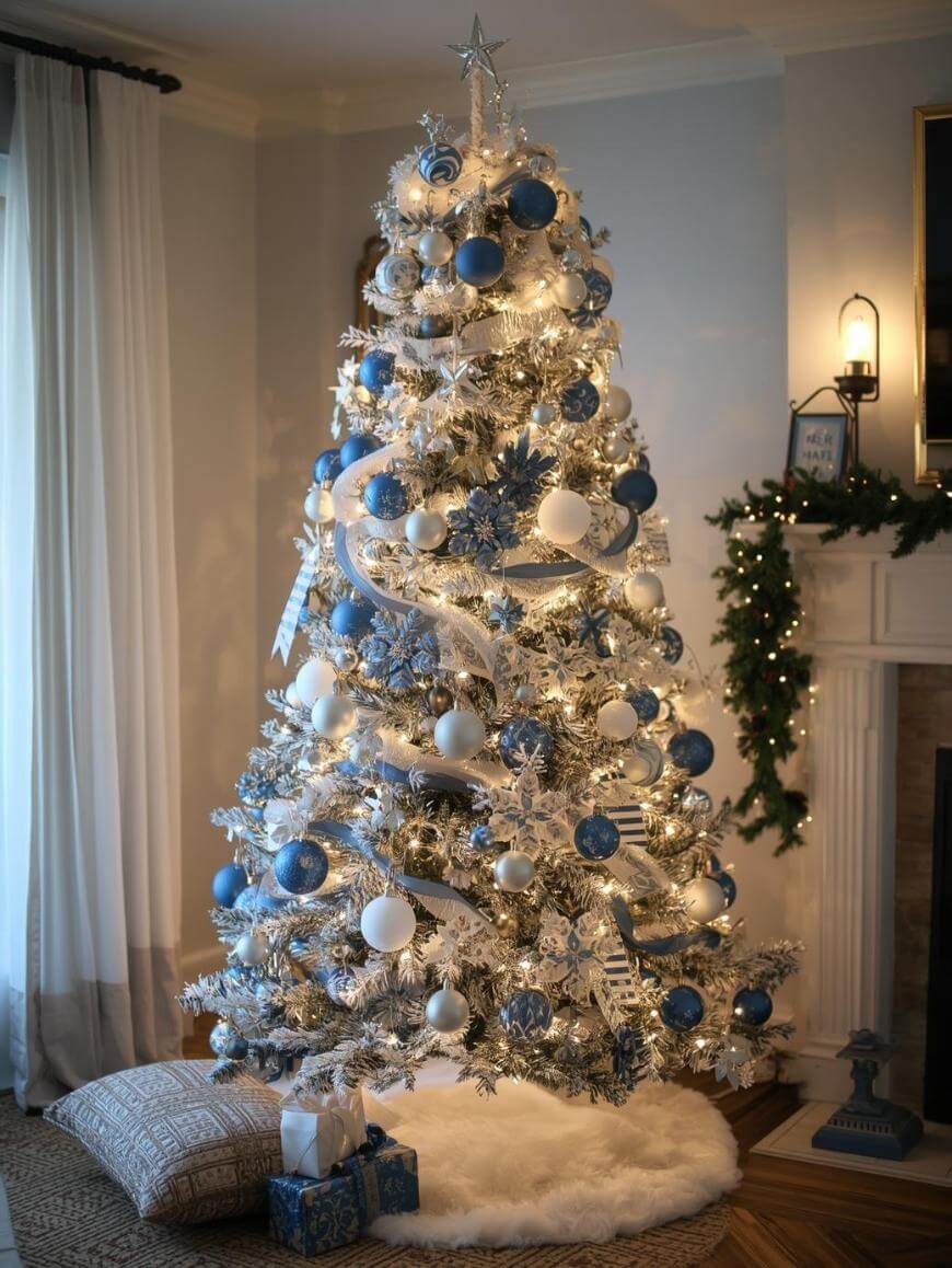 A white Christmas tree decorated with blue and white ornaments, silver ribbons, and white lights stands in a cozy living room. Presents and pillows sit on a fluffy white tree skirt; a lit fireplace with greenery is nearby.