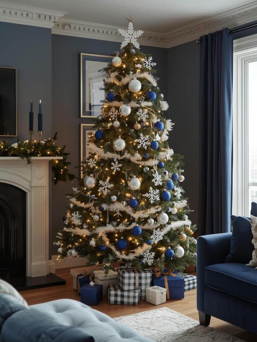 A decorated Christmas tree with white lights, blue and white ornaments, and snowflakes stands near a window in a cozy living room. Wrapped gifts in blue, white, and plaid paper sit under the tree. A fireplace is visible on the left.