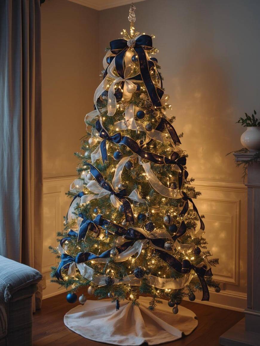 A Christmas tree decorated with blue and gold ornaments, blue and white ribbon, and warm white lights stands in a cozy living room with beige walls and a white tree skirt.