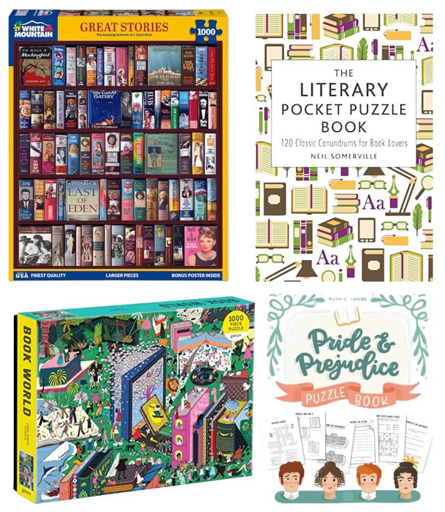A collage featuring two jigsaw puzzles and two puzzle books, all book-themed. Covers show bookshelves, illustrated book scenes, colorful book graphics, and the titles The Literary Pocket Puzzle Book and Pride & Prejudice Puzzle Book.