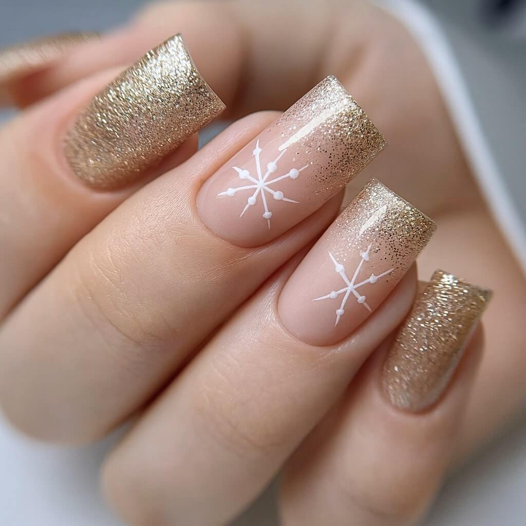 A hand with long, square-shaped nails painted gold with glitter. Two nails feature white snowflake designs on a nude base with gold glitter tips, creating a festive winter look.