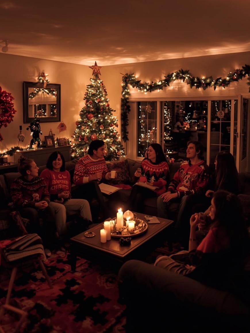 A group of people in festive sweaters sit around a coffee table with lit candles, chatting and smiling in a cozy, warmly lit living room decorated with Christmas lights and a decorated tree.