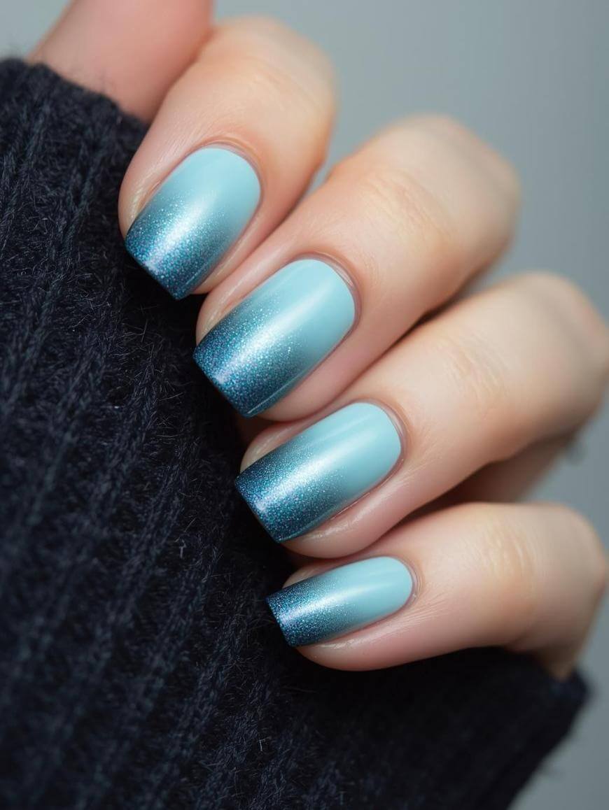 A close-up of a hand with square-shaped nails featuring a blue ombre gradient manicure, fading from light blue at the base to dark blue at the tips. The person is wearing a dark, ribbed sweater.