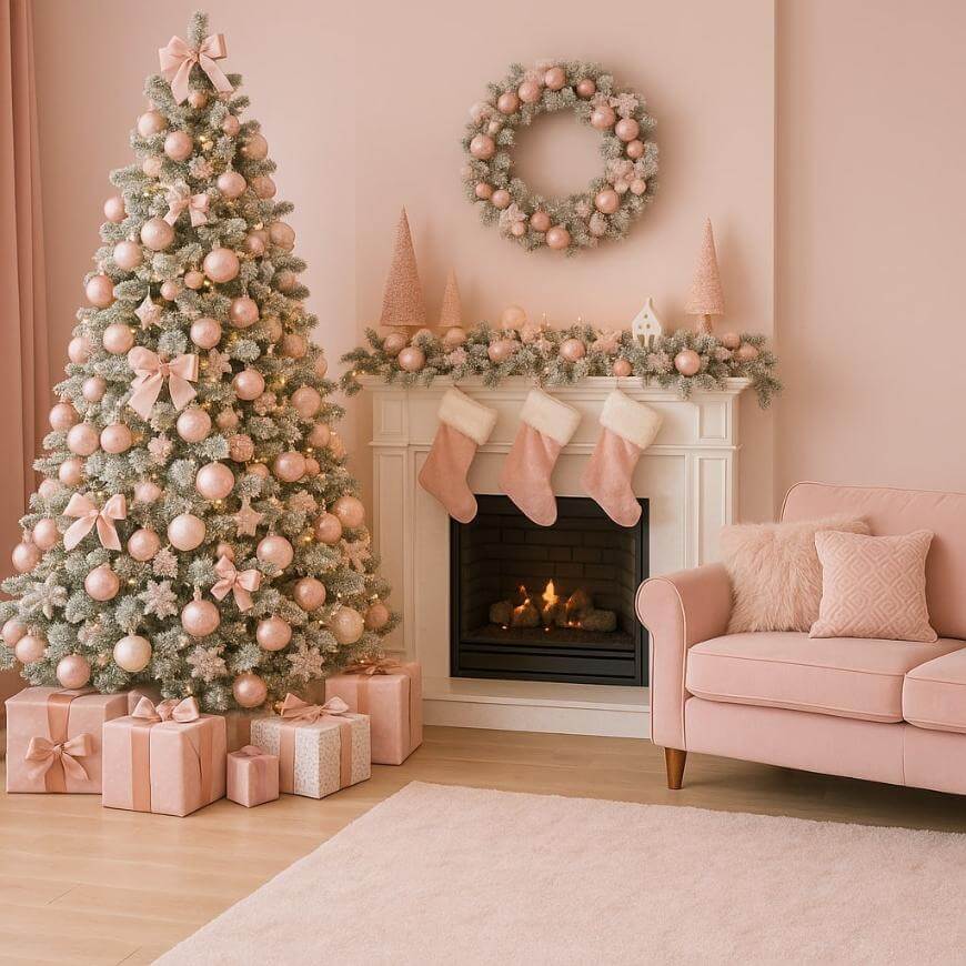 A living room decorated for Christmas in soft pink tones, featuring a Christmas tree with pink ornaments, matching wrapped gifts, a fireplace with stockings, a pink wreath, and a pink sofa with cushions.