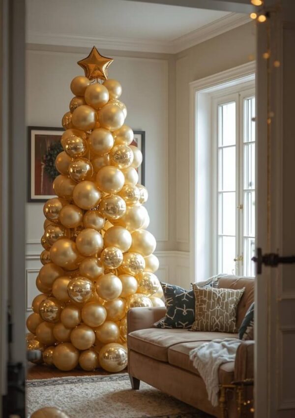 A Christmas tree made entirely of gold balloons with a gold star on top stands in a cozy living room next to a sofa with patterned cushions and a blanket, near large windows letting in natural light.