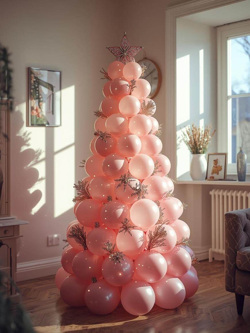A Christmas tree made of pink balloons, decorated with small ornaments and topped with a star, stands in a sunlit room near a window and a radiator.