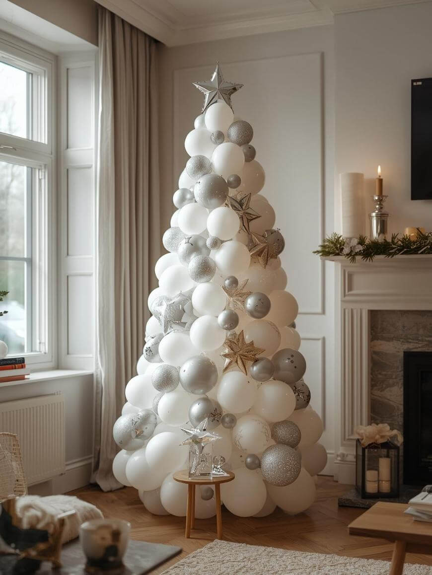A Christmas tree made of white and silver balloons, decorated with metallic ornaments and topped with a silver star, stands in a cozy living room next to a fireplace and a window.