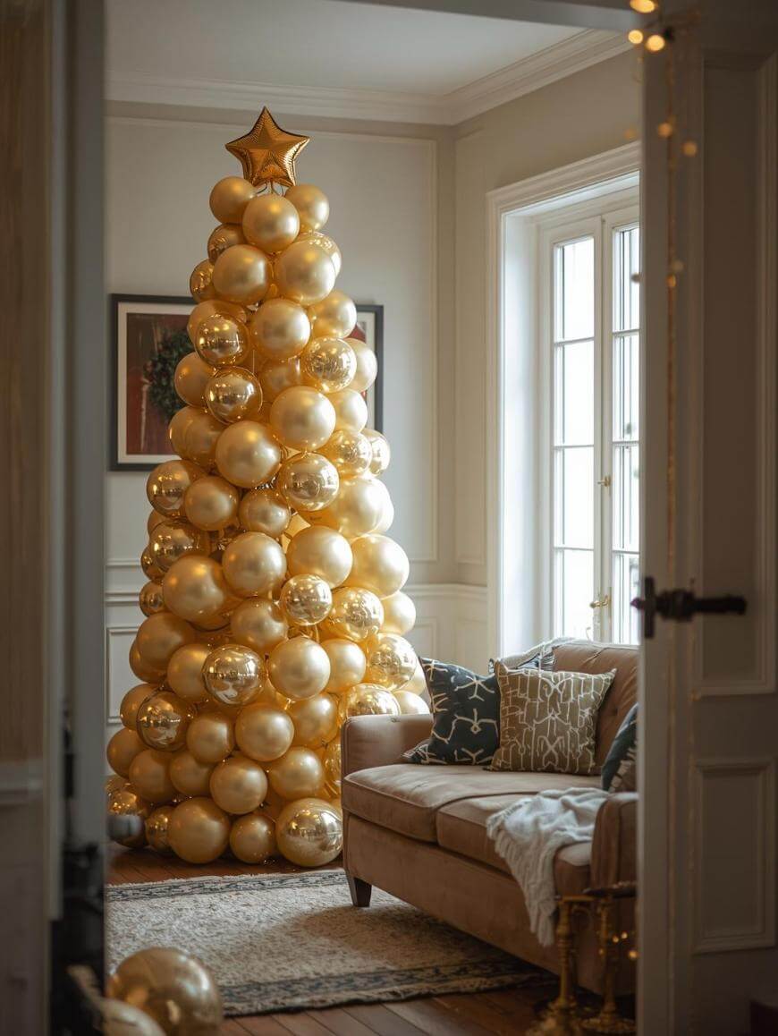 A tall Christmas tree made of shiny gold balloons with a gold star topper stands in a bright living room near a beige couch with patterned pillows and a blanket, next to large windows.