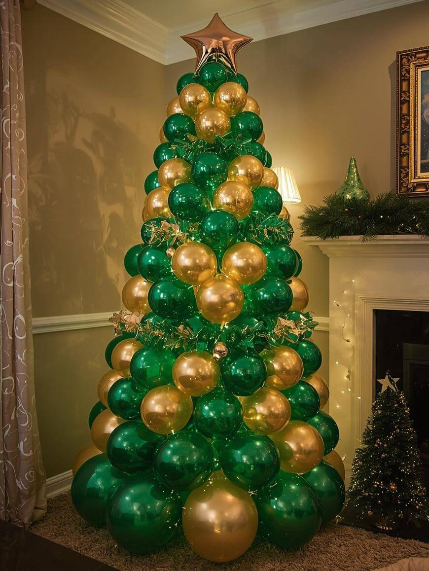 A Christmas tree made of green and gold balloons stands in a living room, topped with a gold star balloon, with fairy lights and festive decorations nearby.