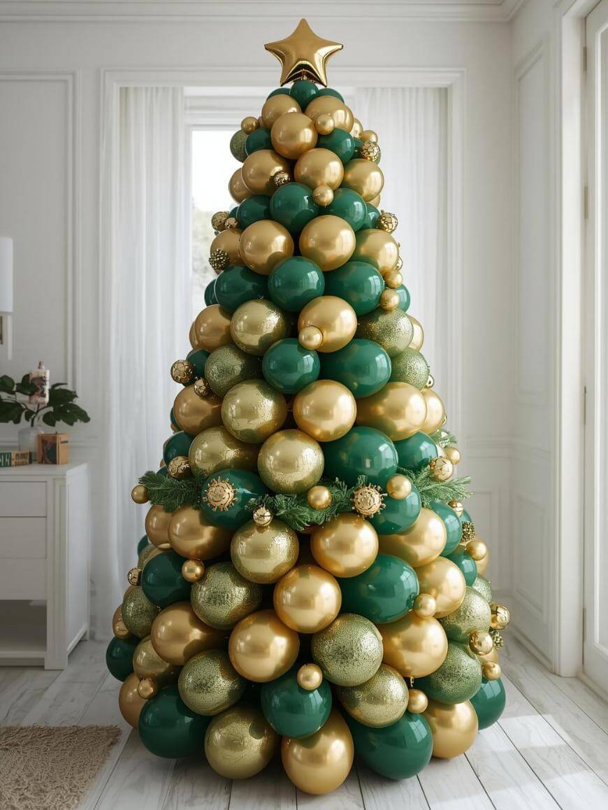 A Christmas tree made of green and gold balloons, topped with a gold star, stands in a bright, modern room with white walls and large windows.