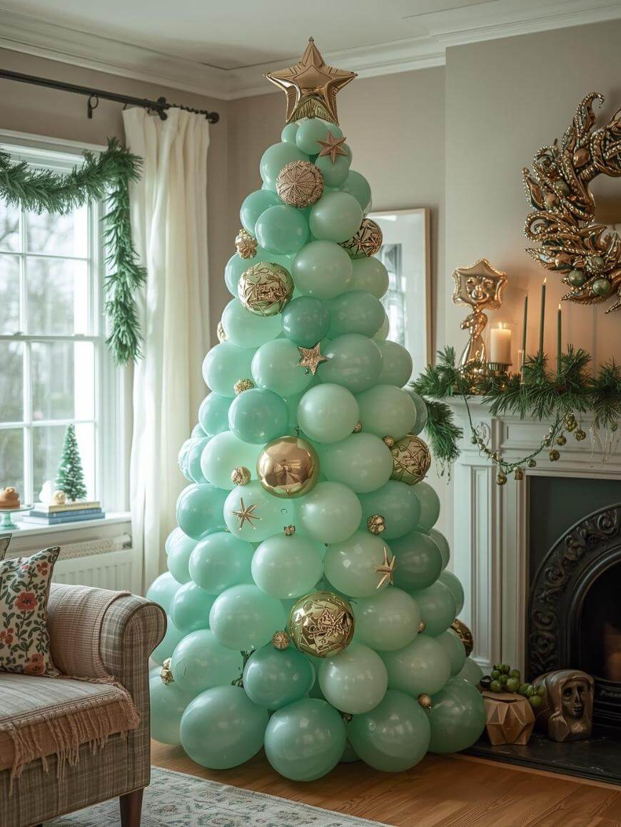 A Christmas tree made of mint green and gold balloons, topped with a gold star, stands in a decorated living room with festive garlands, candles, and a cozy armchair near a window.