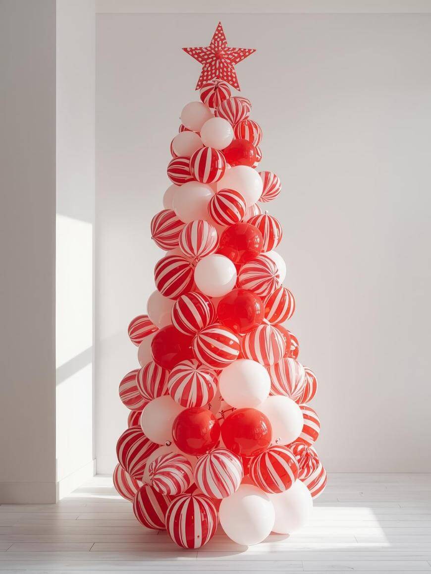 A Christmas tree made of red, white, and red-and-white striped balloons, topped with a red star, stands in a bright, sunlit room with white walls and floor.