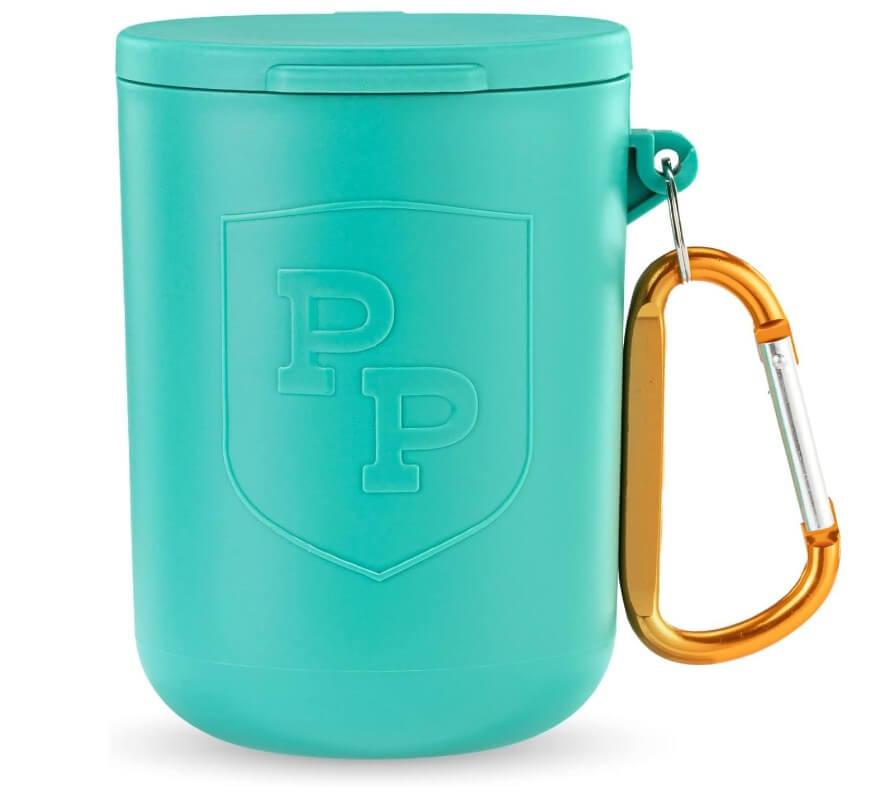 A turquoise plastic container with a lid, embossed with the letters PP on a shield, and an attached orange and silver carabiner.
